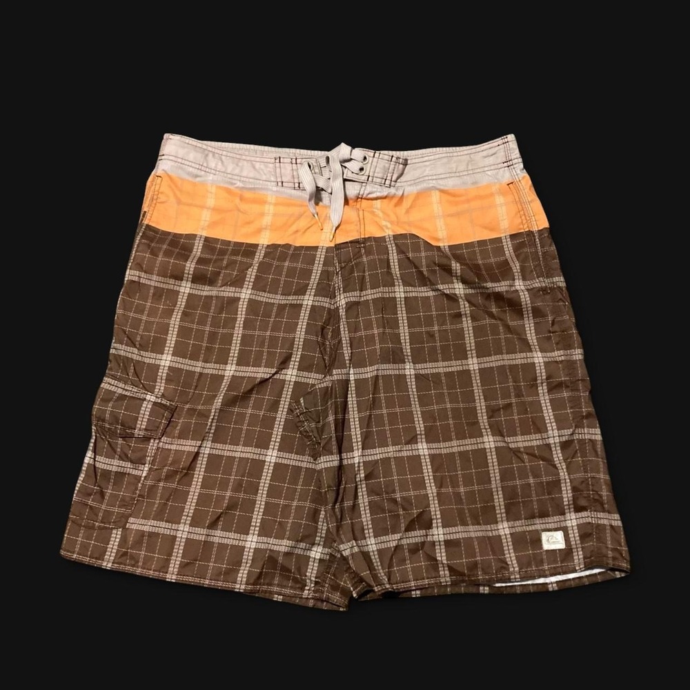 Quiksilver brown tan plaid board shorts vintage 00s surf wear Mens L/36